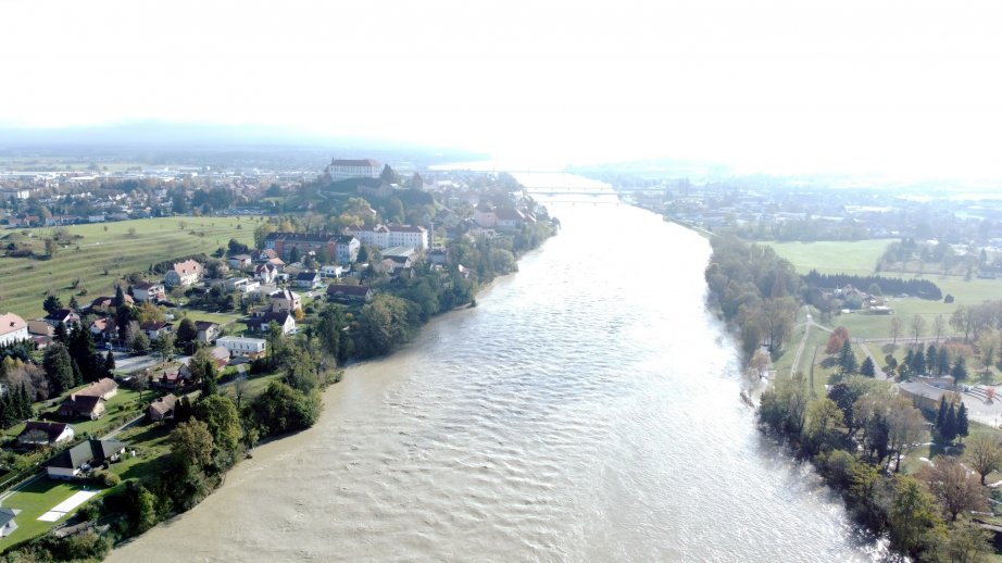 View of Ptuj and the high water level of the Drava river